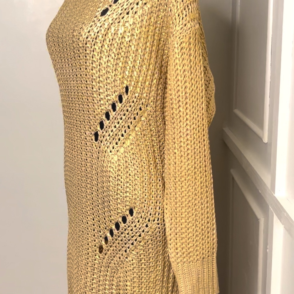 NWOT FRINGE Back Sweater Dress. Yellow/Gold Metallic S/M - Picture 5 of 9